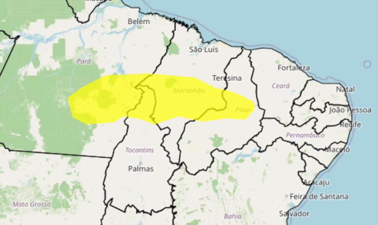 A imagem mostra &aacute;rea de alertas para chuvas intensas em parte do Norte e Nordeste
